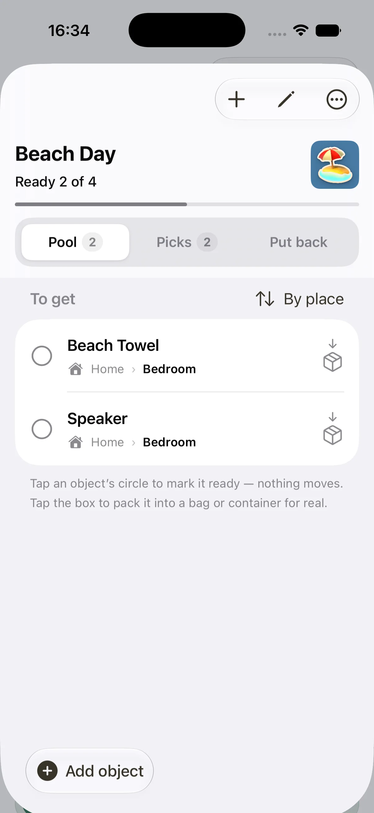 A list in Piilo with items selected for packing