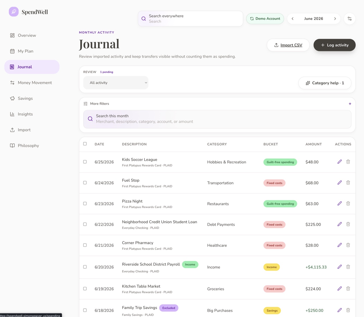 Transaction journal with category badges, review state filters, and Plaid-connected entries