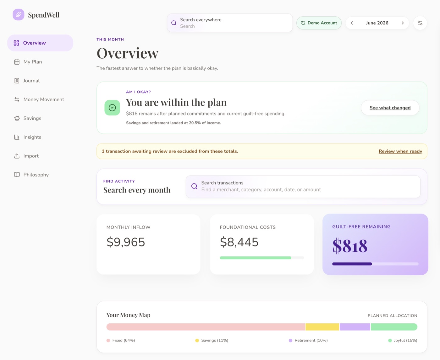 Monthly overview showing plan status, guilt-free spending remaining, and a money map allocation bar