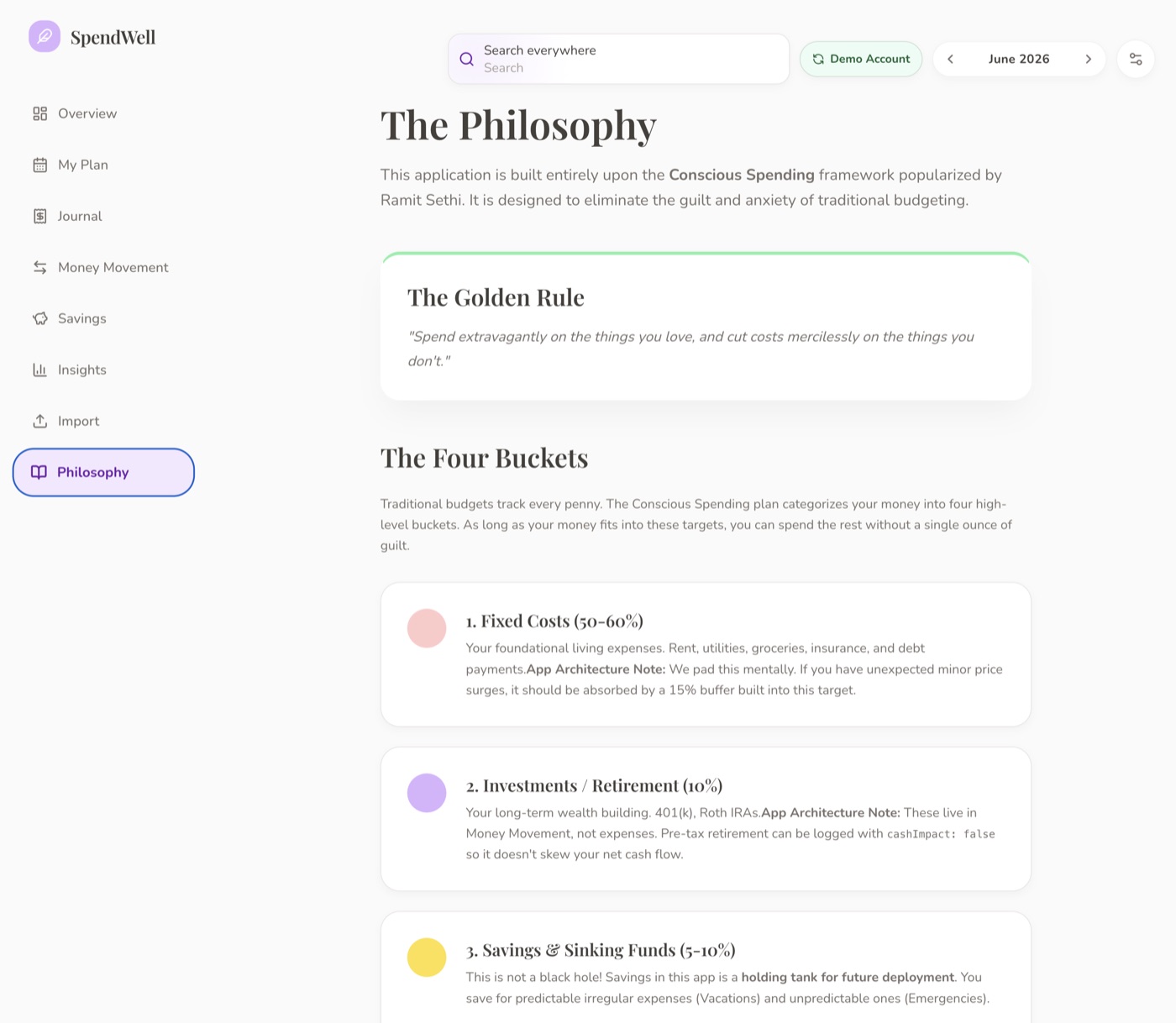 Philosophy page explaining the Conscious Spending framework and four bucket model