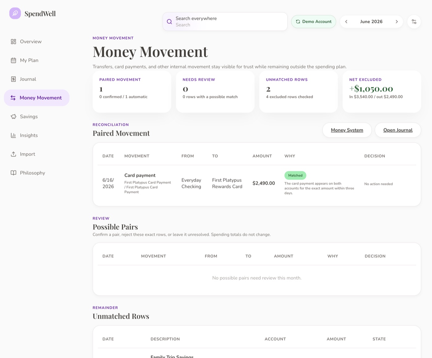 Money Movement page showing paired transfers, possible matches, and reconciliation status